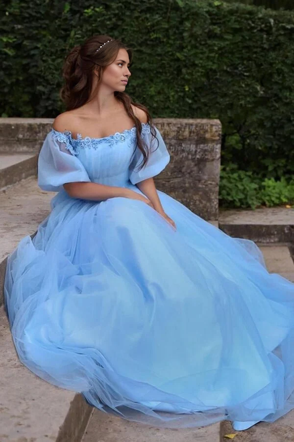Wholesa A-line Princess Off-the-Shoulder Tulle Prom Dresses