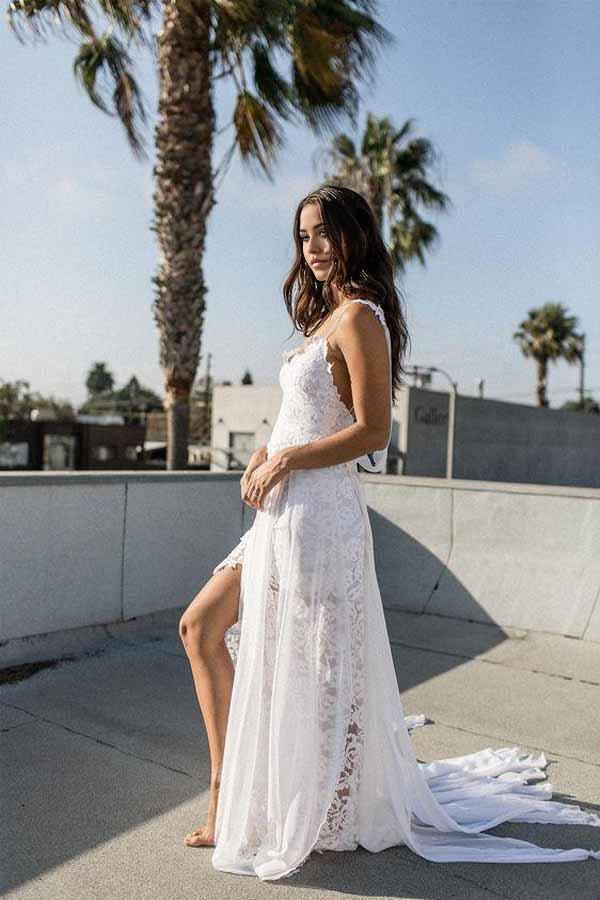 Wholesa Beach A-line Spaghetti Strap White Lace Chiffon Bridal Wedding Dresses
