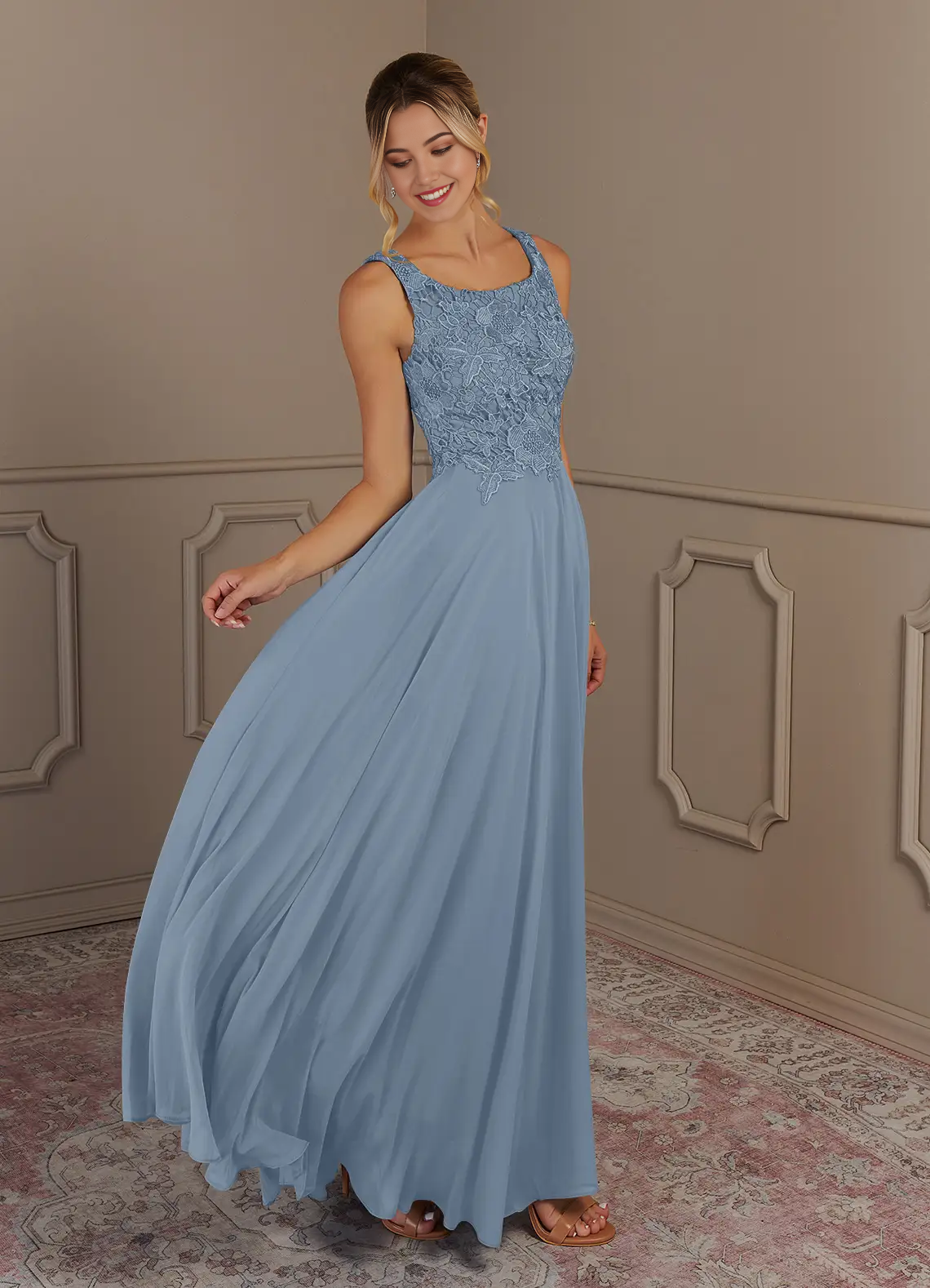 Wholesa Two Piece  A-Line Scoop lace Chiffon Dusty Blue formal dresses evening dress Mother of the Bride Dresses