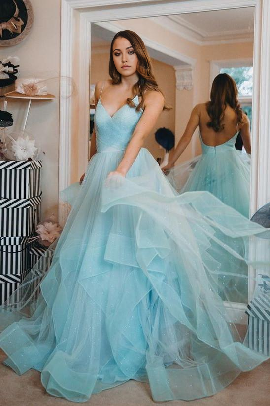 Wholesa Sparkly Straps Ruffles Blue Long Prom Dresses Evening Dress with Open Back