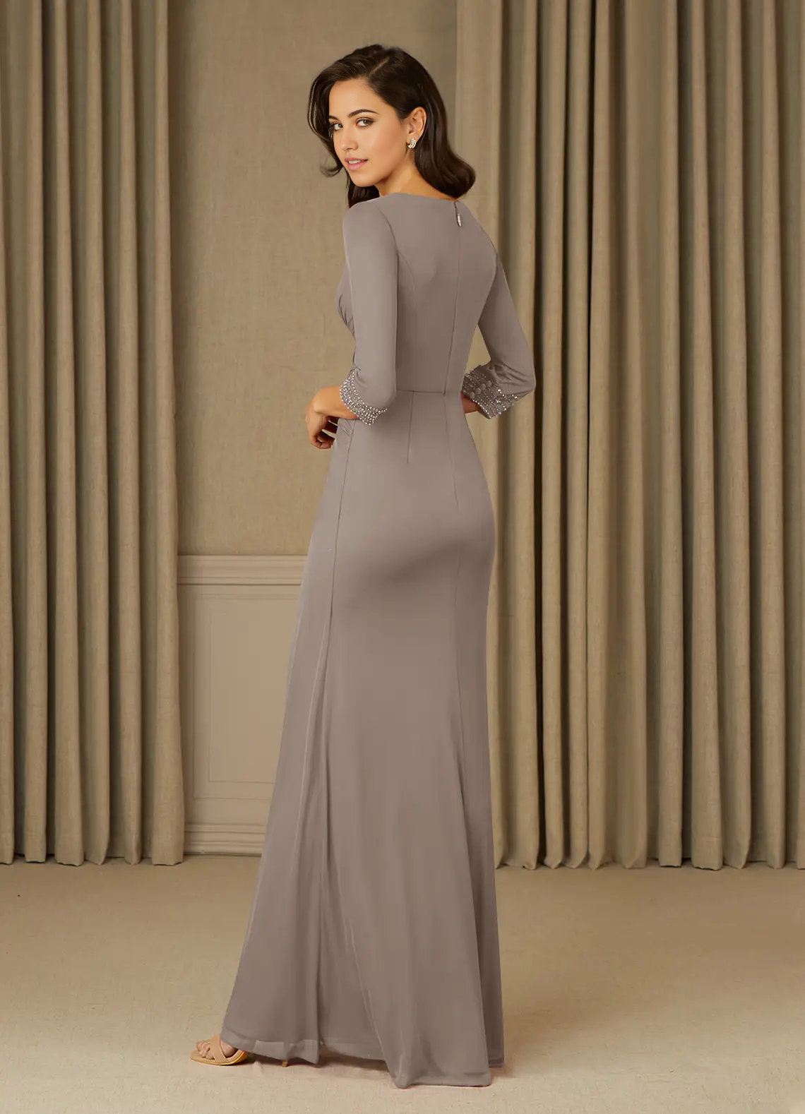 Wholesa Sheath V-Neck Pleated Taupe formal dresses evening dress Mother of the Bride Dresses
