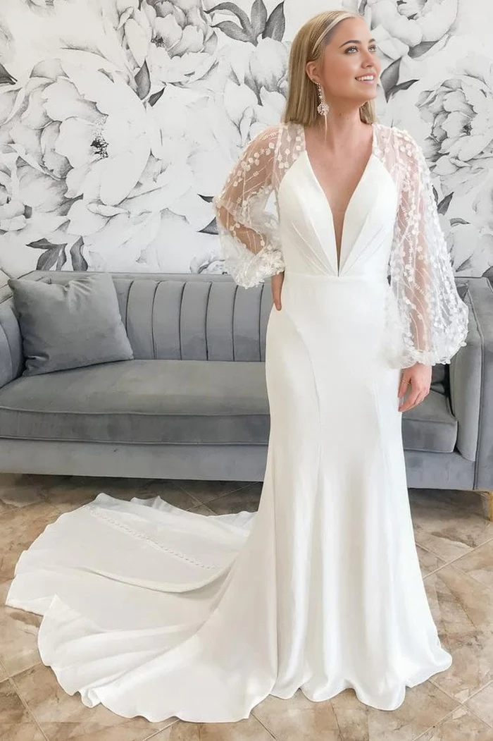 Wholesa Mermaid Plunge V Long Wedding Dress with Balloon Sleeves