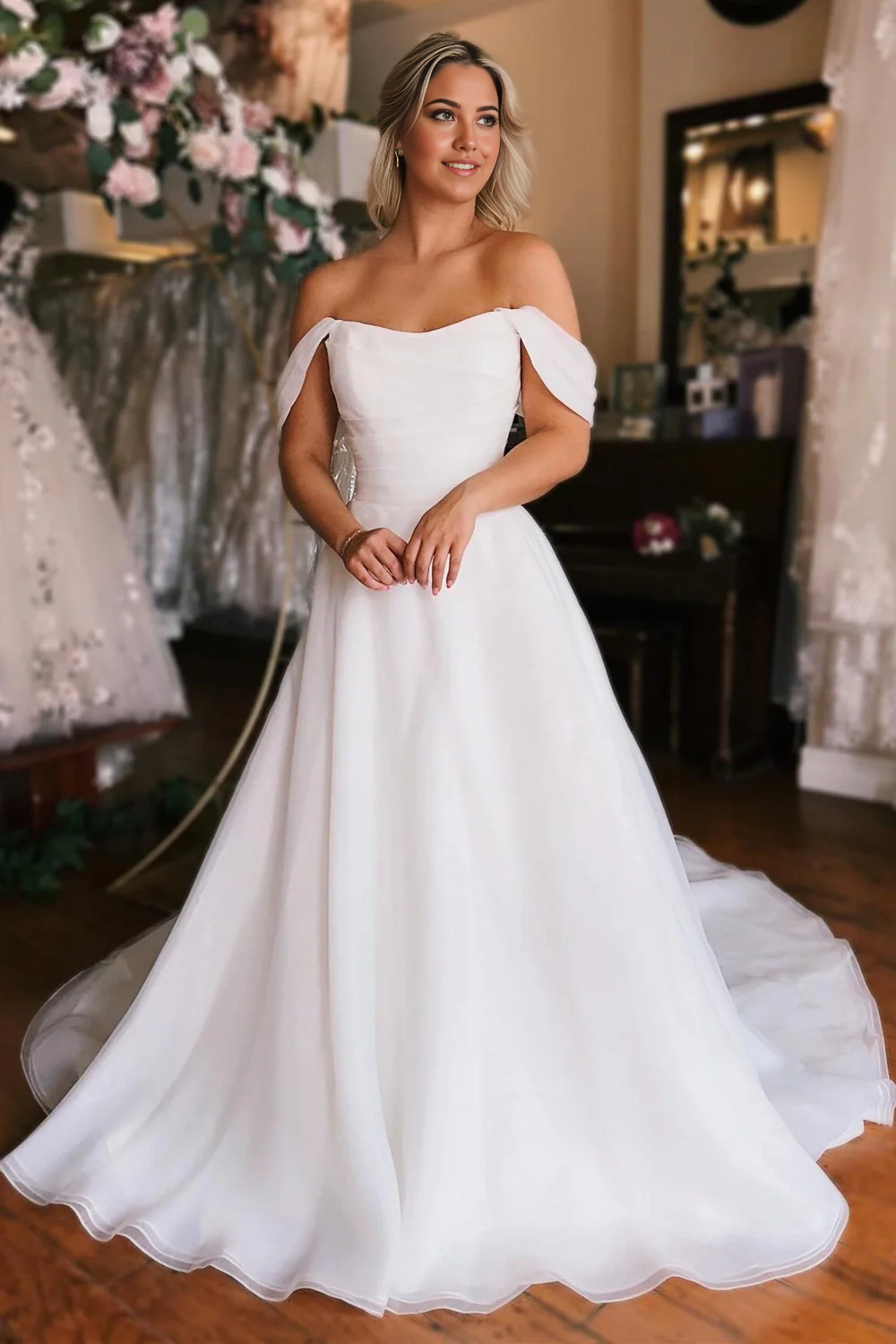Wholesa Elegant Off-the-Shoulder Long Wedding Dress with Slit