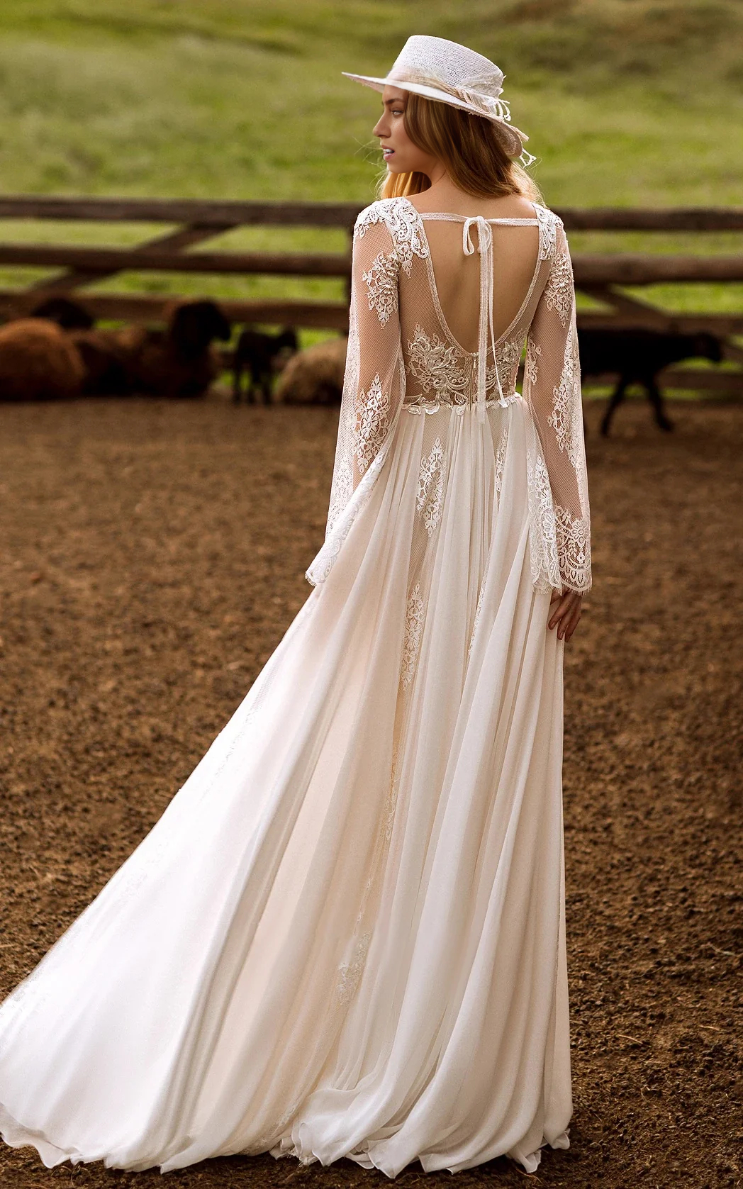 Wholesa A-Line Boho Lace Sleeves Plunging Neckline Sweep Train Wedding Dress