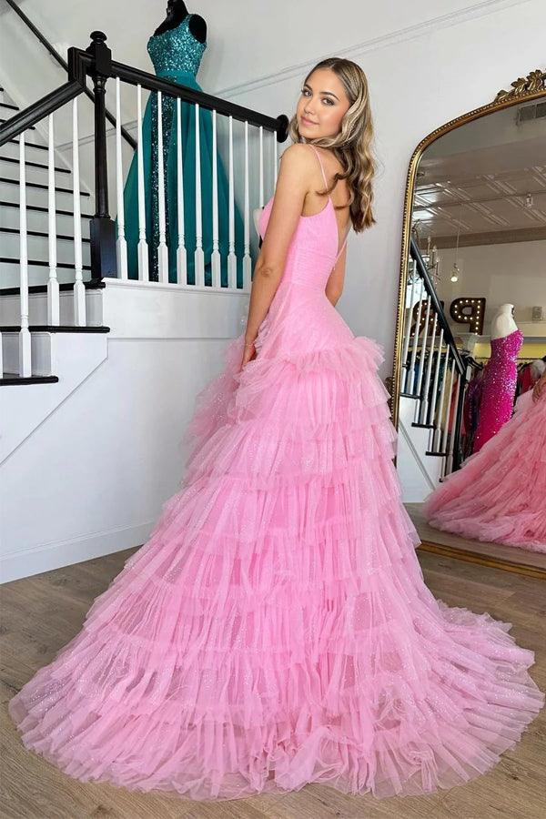 Wholesa A-line V-Neck Tiered Pink Long Prom Dress with Ruffles