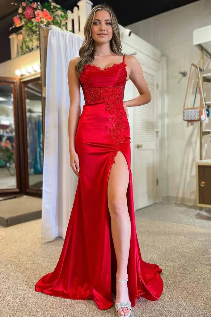 Wholesa Mermaid Spaghetti Strap Appliques Long Prom Dress with Slit