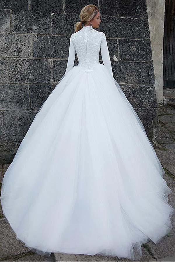 Wholesa A-line Vintage Satin High Collar Natural Waistline Ball Gown Wedding Dress