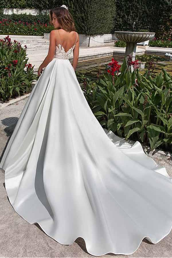 Wholesa A-line Satin Neckline Wedding Dress With Pockets Lace Appliques