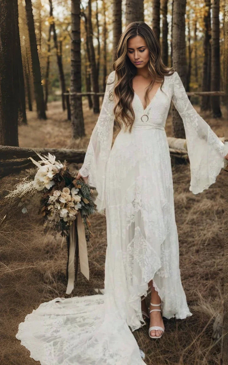 Wholesa Boho Simple Casual Long Sleeves Lace Wedding Dress With Sweep Train