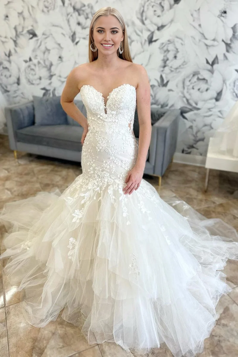 Wholesa Mermaid Appliques Multi-Layer Trumpet Long Wedding Dress