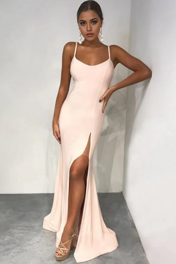 Wholesa Mermaid Spaghetti Straps Floor-Length Pearl Pink Prom Dress with Split