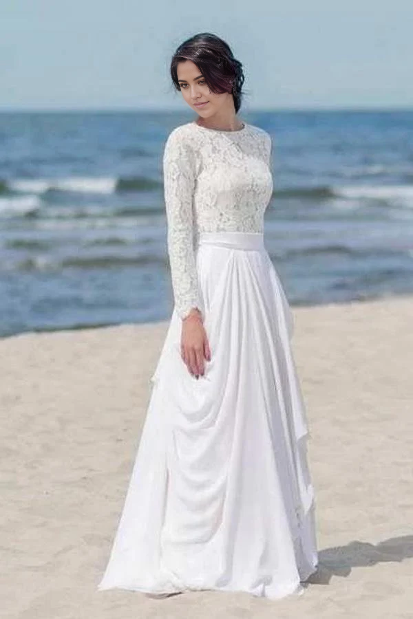 Wholesa Beach Lace Long Sleeve Zipper Chiffon White Bridal Dress Wedding Dresses