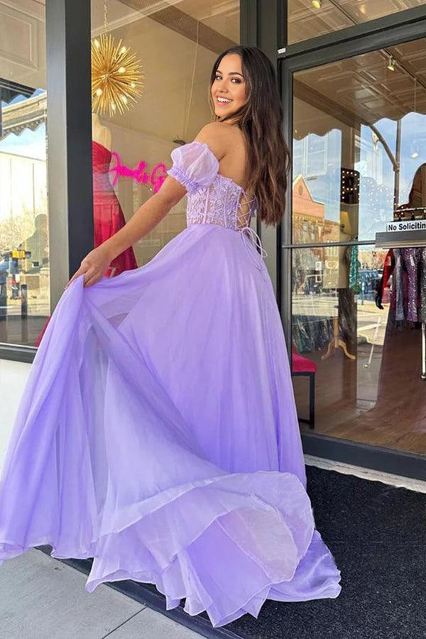 Wholesa A-Line Strapless Tulle Long Evening Dress Floor Length Lilac Prom Dress