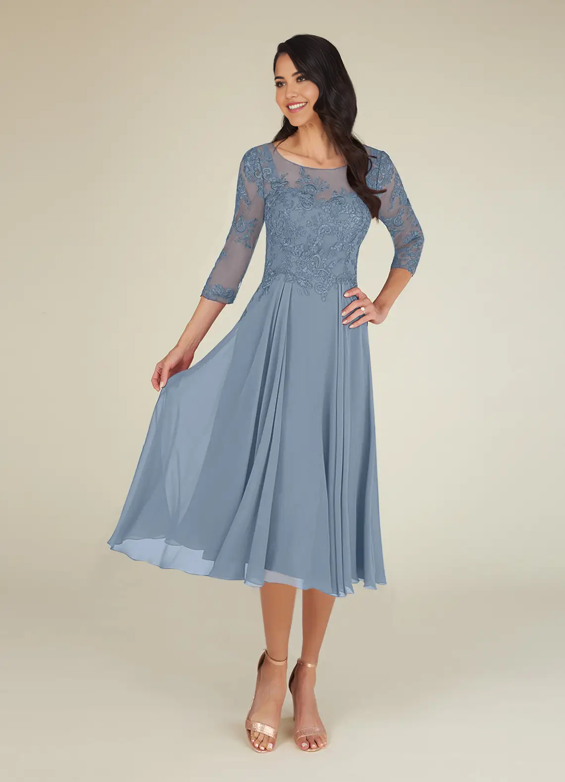 Wholesa A-Line Scoop Lace Chiffon Dusty Blue Mother of the Bride Dresses