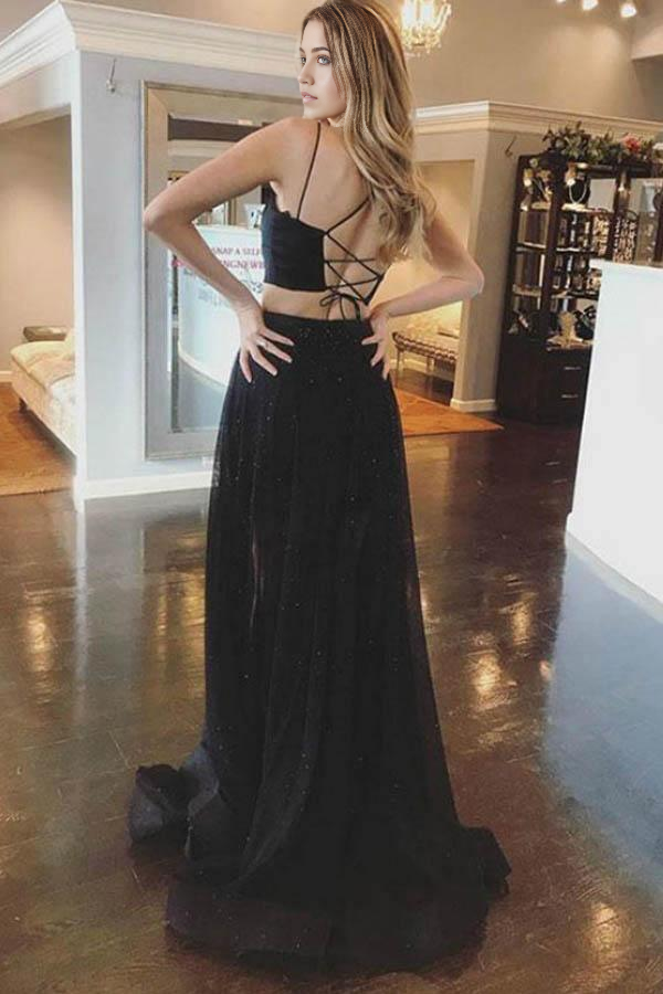 Wholesa Two Piece A-line Spaghetti Straps Cross Back Black Long Prom Dress