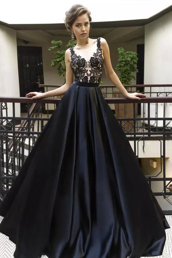 Wholesa A line Appliques Satin Long Prom Dresses Formal Dresses