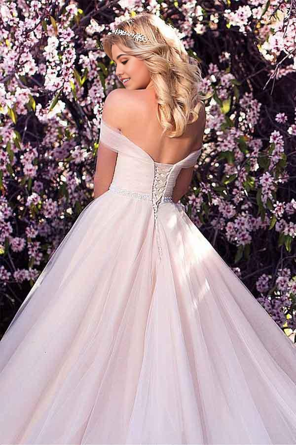 Wholesa A-line Off-the-shoulder Tulle Neckline Wedding Dress With Beading