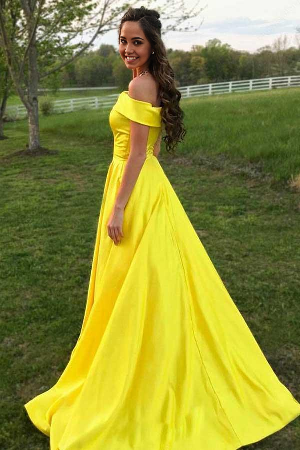 Wholesa A-line Off The Shoulder Yellow Satin Sleeveless Prom Dress with Pockets