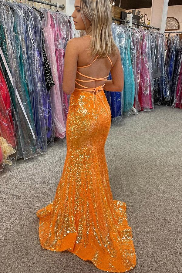Wholesa Mermaid Sparkle Orange Sequin Long Prom Formal Dress