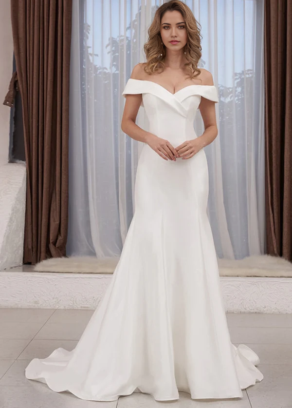 Wholesa Mermaid Off the Shoulder Satin Sleeveless Sweep-Train Bridal Dress Wedding Dresses