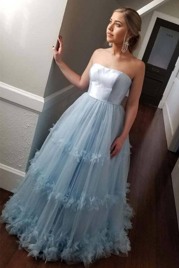 Wholesa Strapless A-line Light Blue Ball Gown Prom Dress Evening Dress