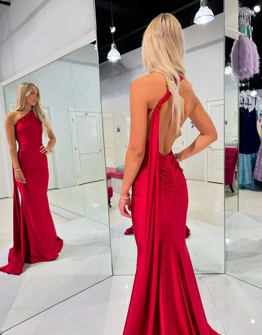 Wholesa Mermaid One Shoulder Open Back Long Red formal dresses evening gown Prom Dress with Strap