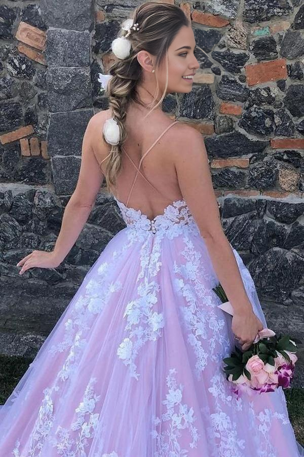 Wholesa A-line Spaghetti Princess Strap Lavender Prom Dress with Applique