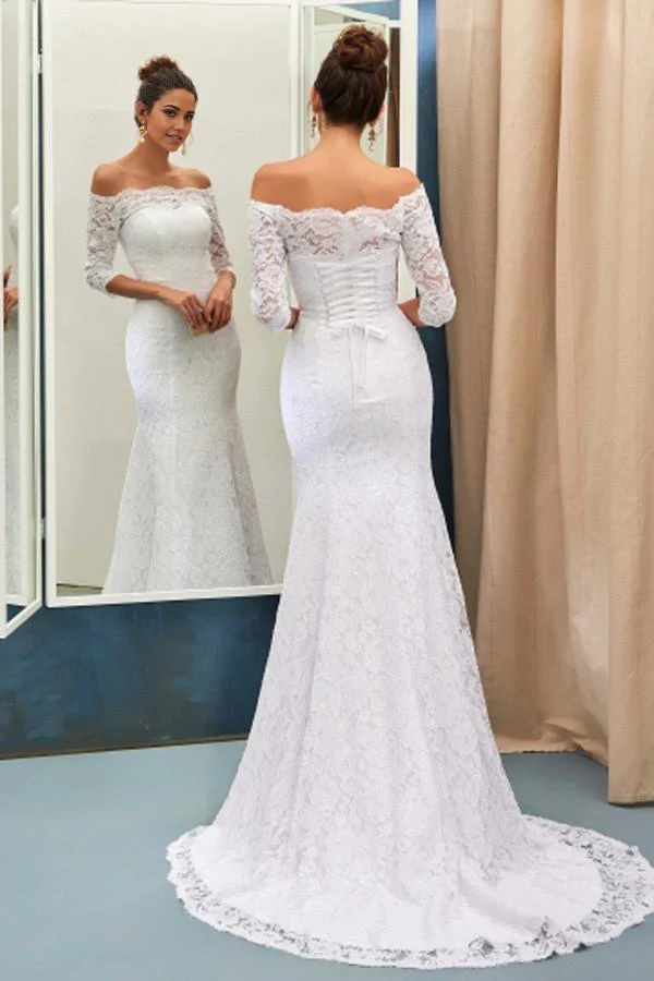 Wholesa Mermaid Off-The-Shoulder 3/4-Length Sleeves Lace-Up Wedding Dress
