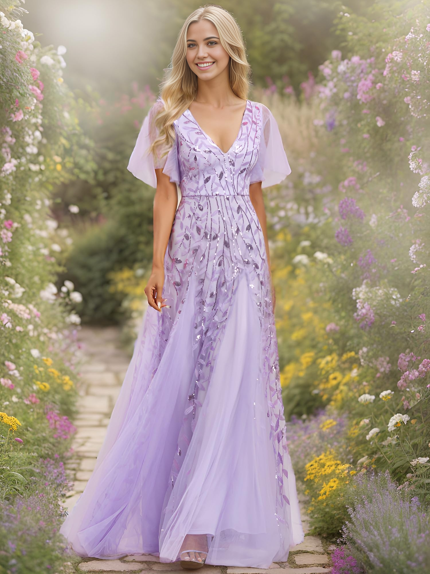 Wholesa A-line V-Neck Sequin Sparkly Short Sleeve formal dresses evening gown Prom Dress