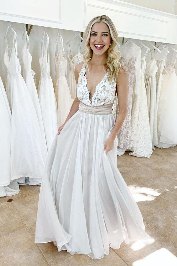 Wholesa A-line Deep V-Neck Elegant Criss Cross Wedding Dress with Waistband