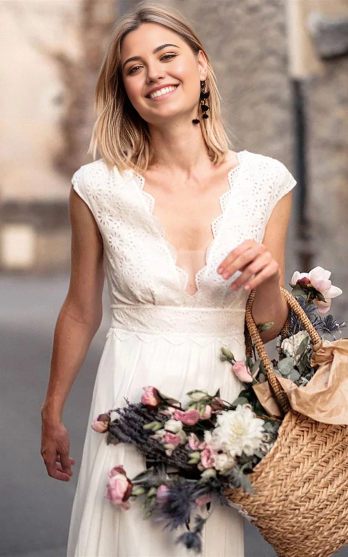 Wholesa A Line Chiffon Low-V Back Lace V-neck Short Sleeve Wedding Dress