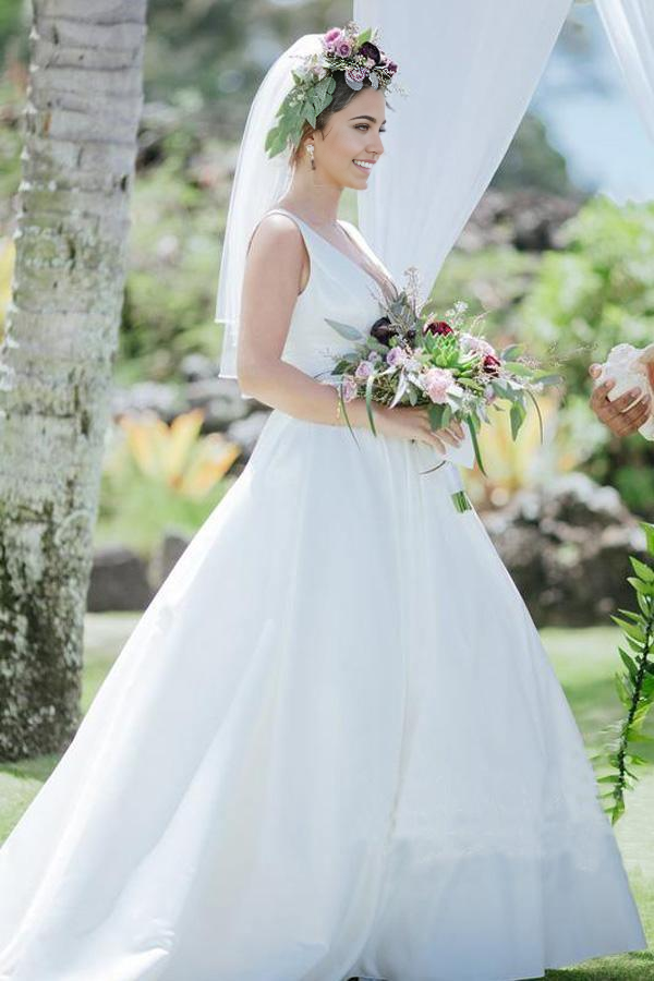 Wholesa A Line V Neckline Pleated Waistband Simple Satin Wedding Bridal Dress Wedding Dresses