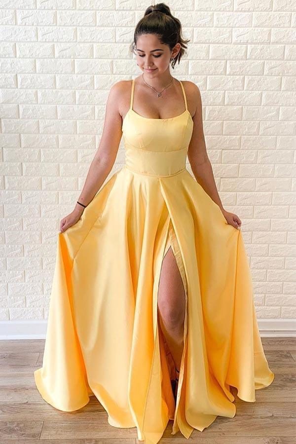 Wholesa A-Line Criss Cross Straps Satin Yellow Long Prom Dress with Slit