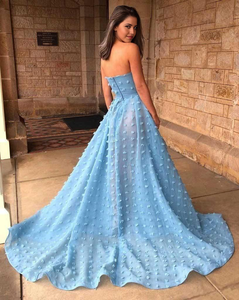 Wholesa A-Line Strapless Sky Blue Lace High Split Long Prom Dresses Formal Dress