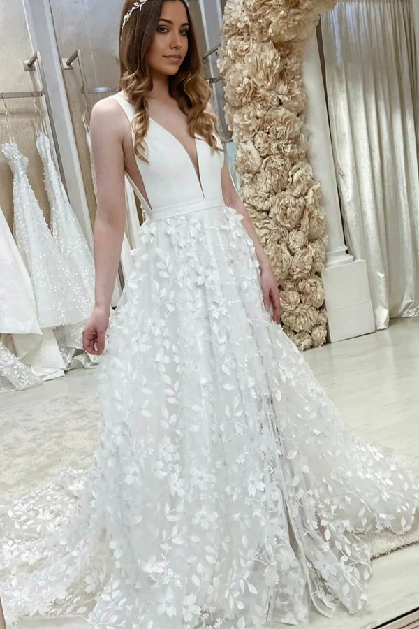 Wholesa A-line V Neck Elegant Floral Lace Wedding Dresses