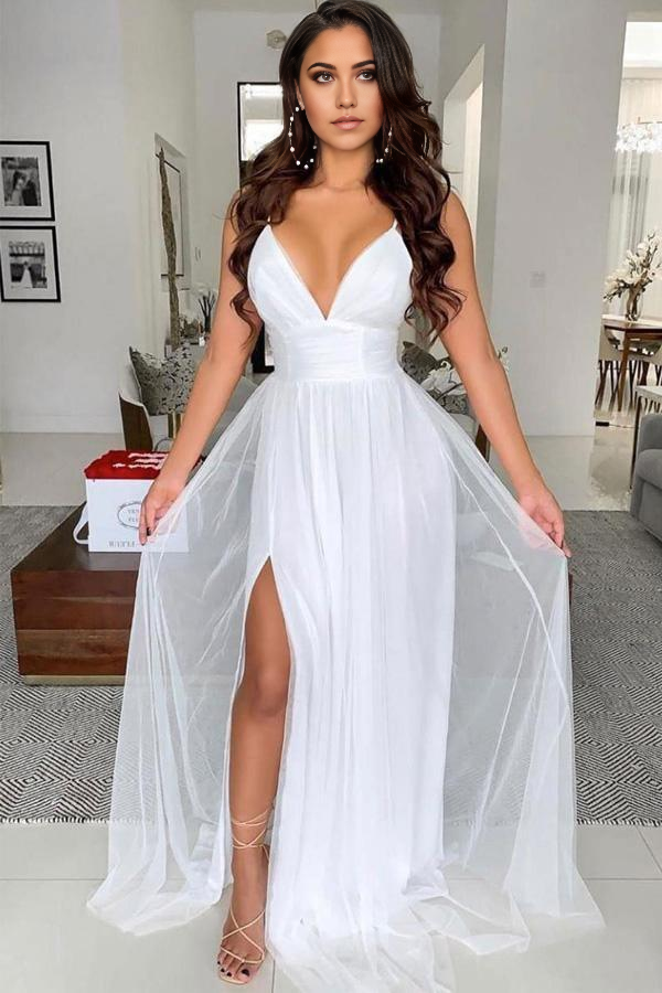 Wholesa A-line Simple Black V Neck Tulle Long Prom Dress Split Evening Dress