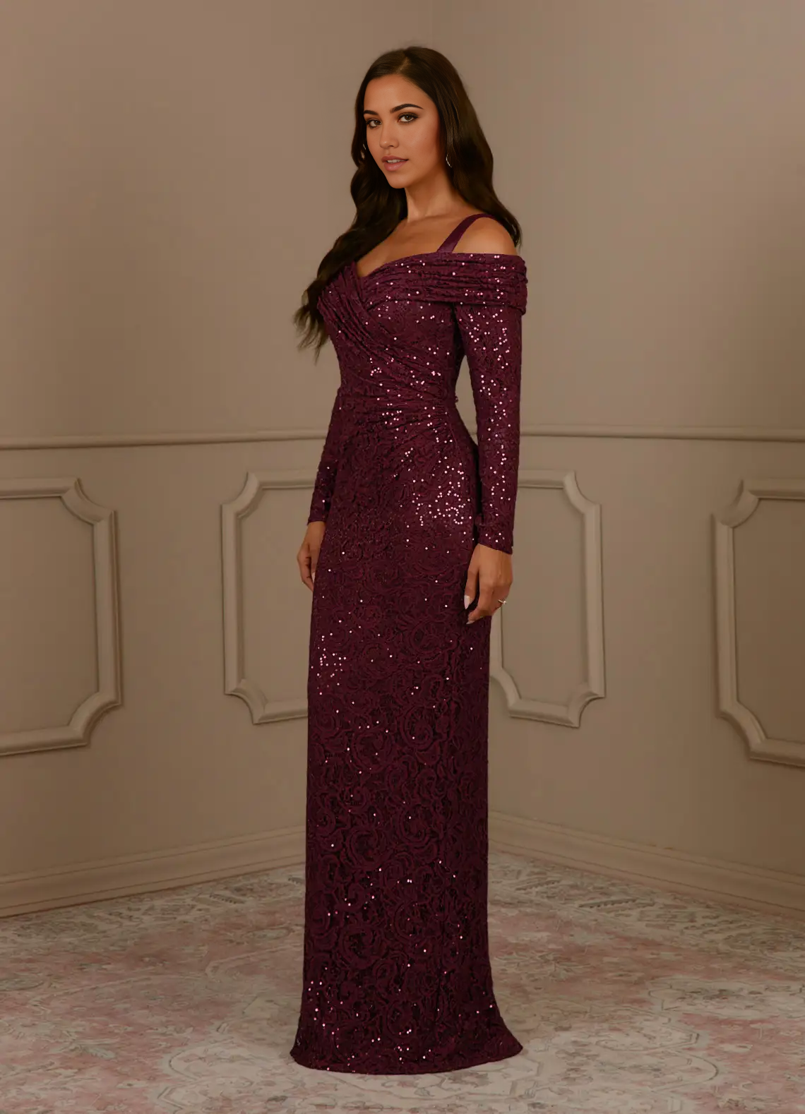 Wholesa Sheath Sequins Long Sleeve Lace Cabernet formal dresses evening dress Mother of the Bride Dresses