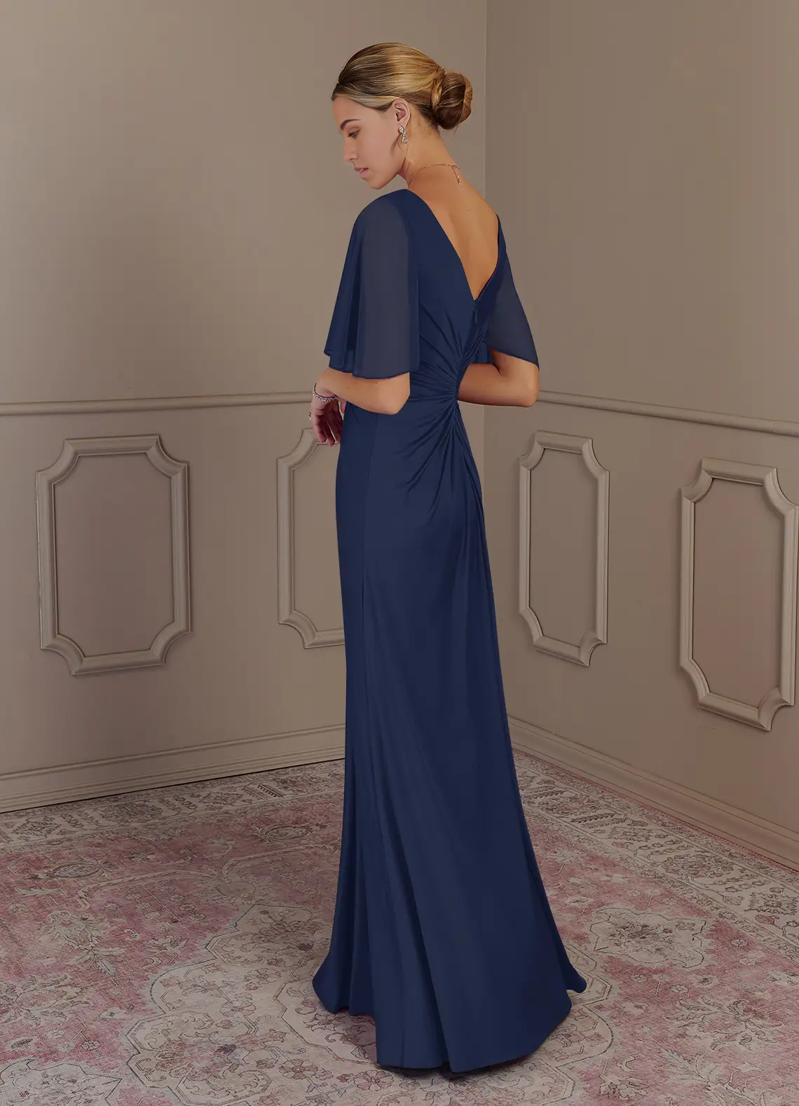 Wholesa A-Line V-Neck Pleated Dark Navy formal dresses evening dress Mother of the Bride Dresses