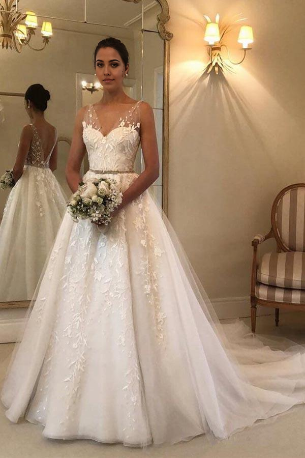 Wholesa A-Line V Neck Lace Backless Rustic Wedding Dress