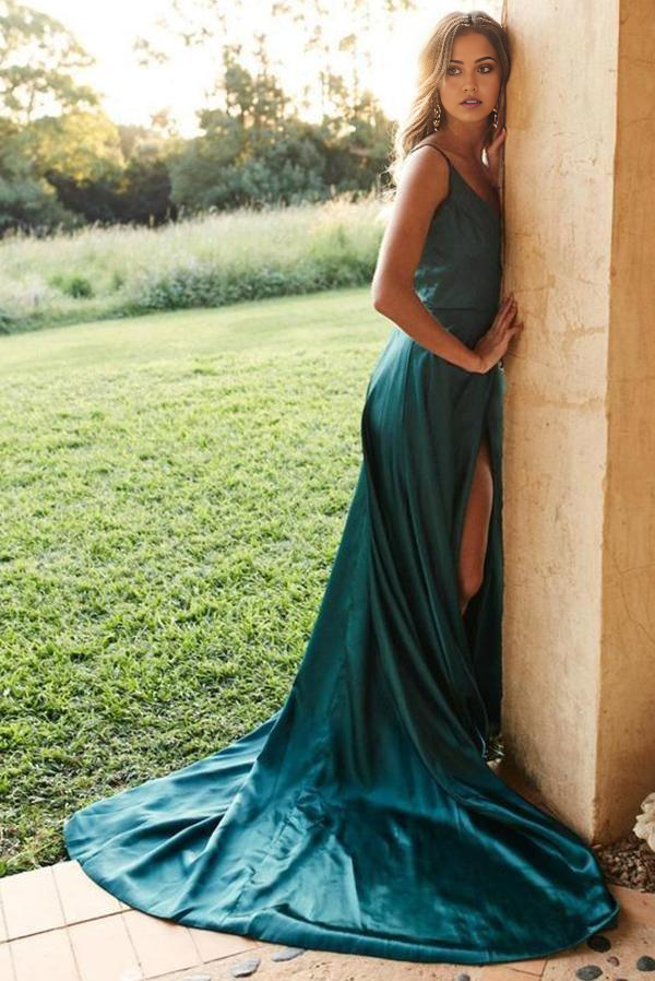 Wholesa A-line Simple Satin Green Straps Long Prom Dresses with Split