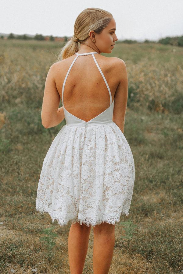 Wholesa A-Line Lace Halter Neckline Backless Ivory Short Homecoming Dress