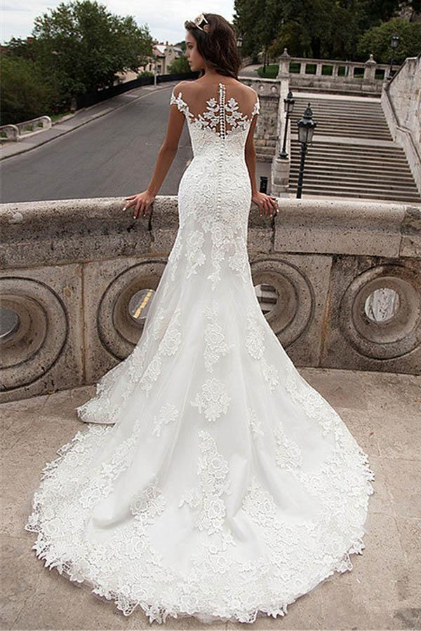 Wholesa Mermaid Illusion Neckline Lace Long Wedding Dresses