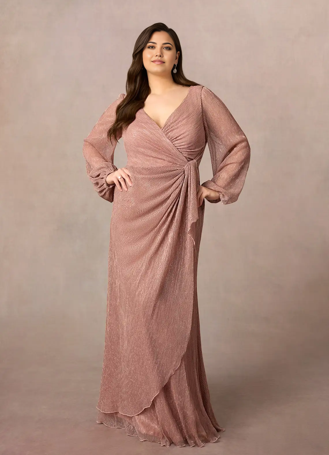 Wholesa A-Line V-Neck Long Sleeve Ruched Rose Gold Mother of the Bride Dresses