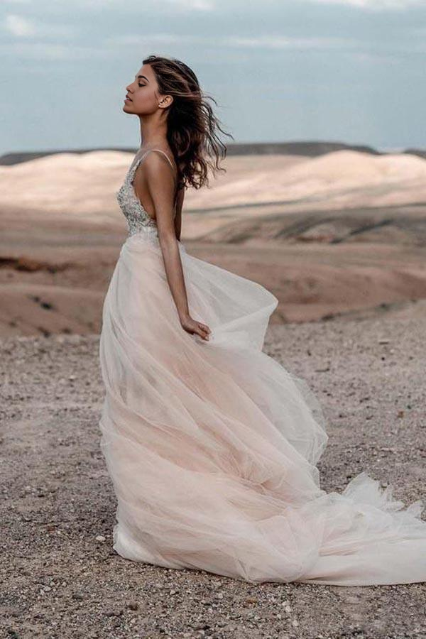 Wholesa A-line V-neck Sparkle Beading Backless Bridal Gowns Wedding Dresses
