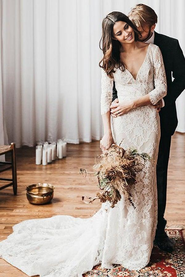 Wholesa Boho Mermaid Lace V Neck Wedding Dresses With Court train