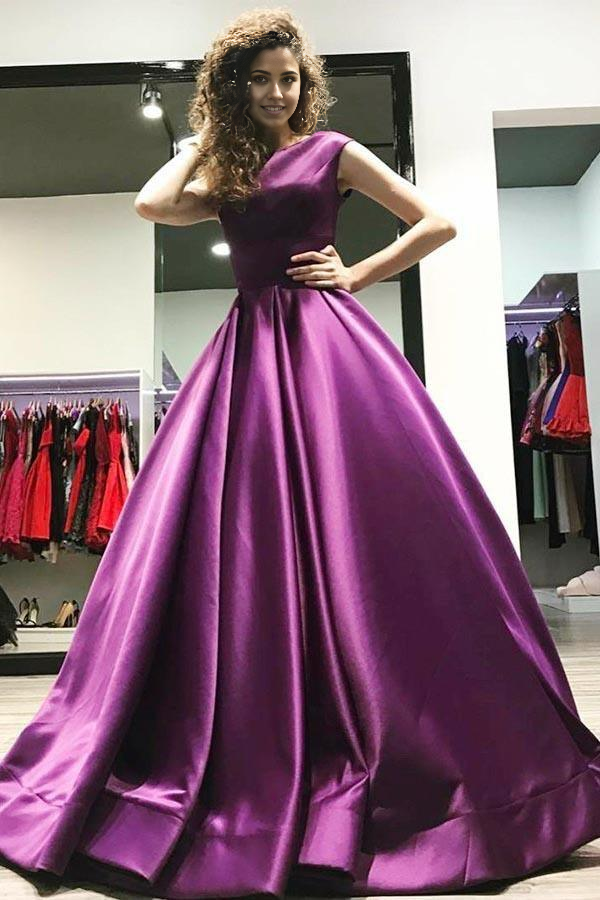 Wholesa A-line V-Neck Sweep Train Satin Sleeveless Backless Ball Gown Prom Dress
