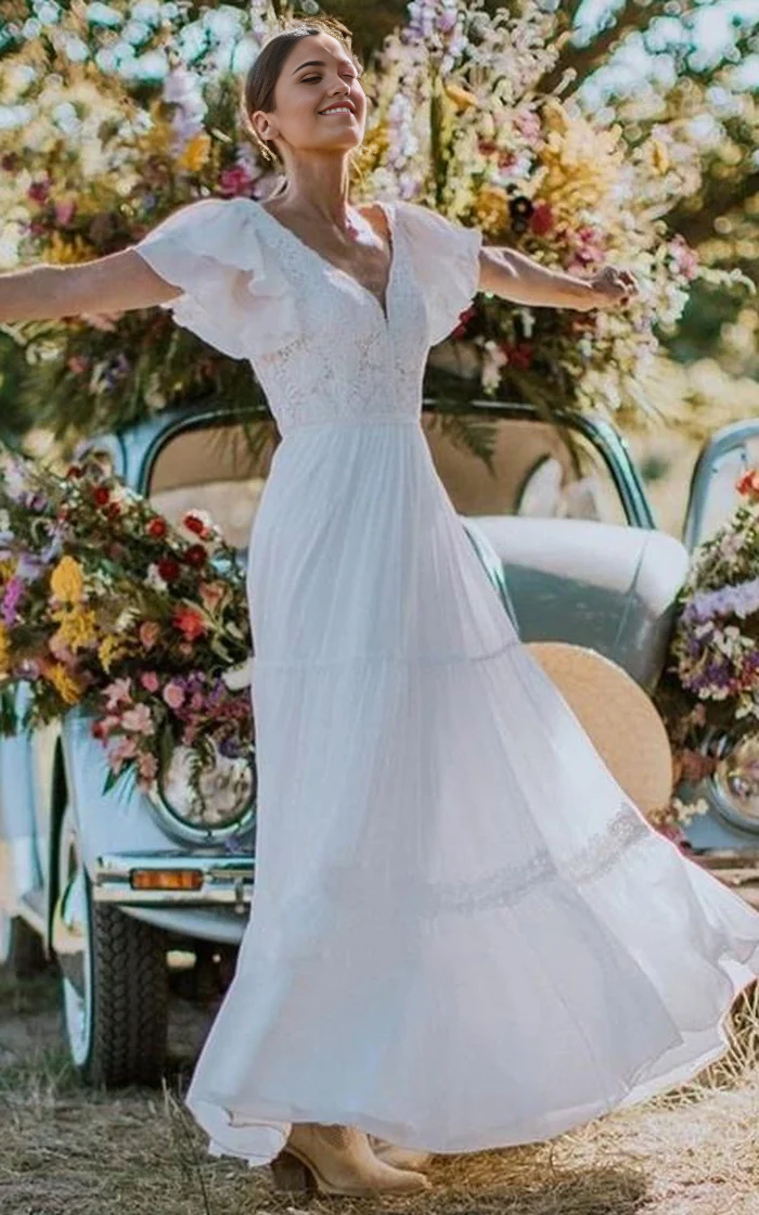 Wholesa A Line V-neck Lace Short Sleeve Floor-length Wedding Dress with Ruffles