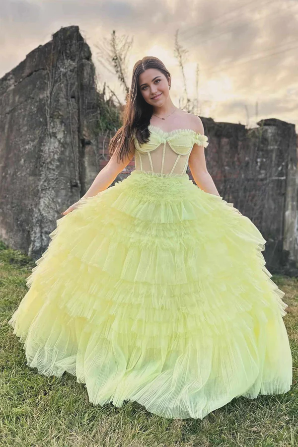 Wholesa A-line Off the Shoulder Ruffle Layered Prom Dress