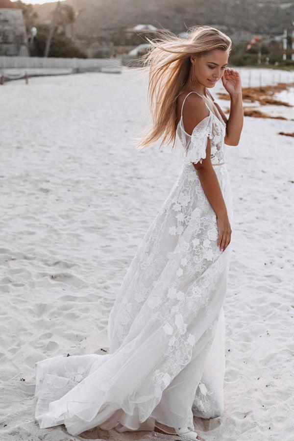 Wholesa Beach Romantic Spaghetti Straps Floral Lace Wedding Dresses
