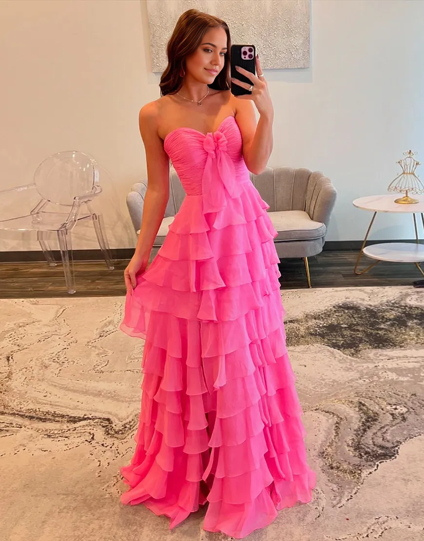 Wholesa A-Line Strapless Ruffles Bow Chiffon formal dresses evening gown Long Prom Dress with Slit